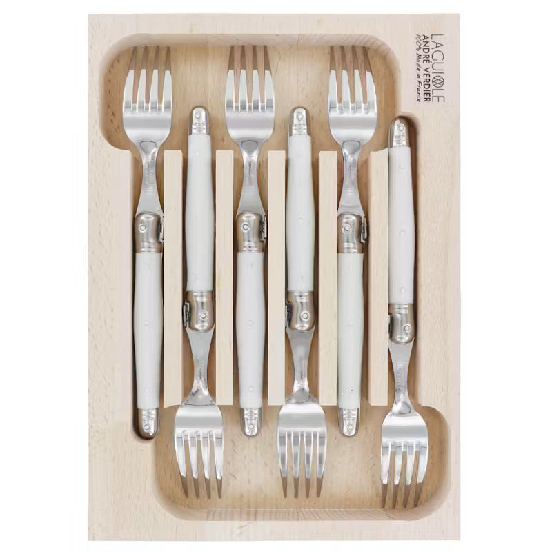 Laguiole by Andre Verdier Cake Forks Set of 6, neatly arranged in a light wood presentation box on a white background.