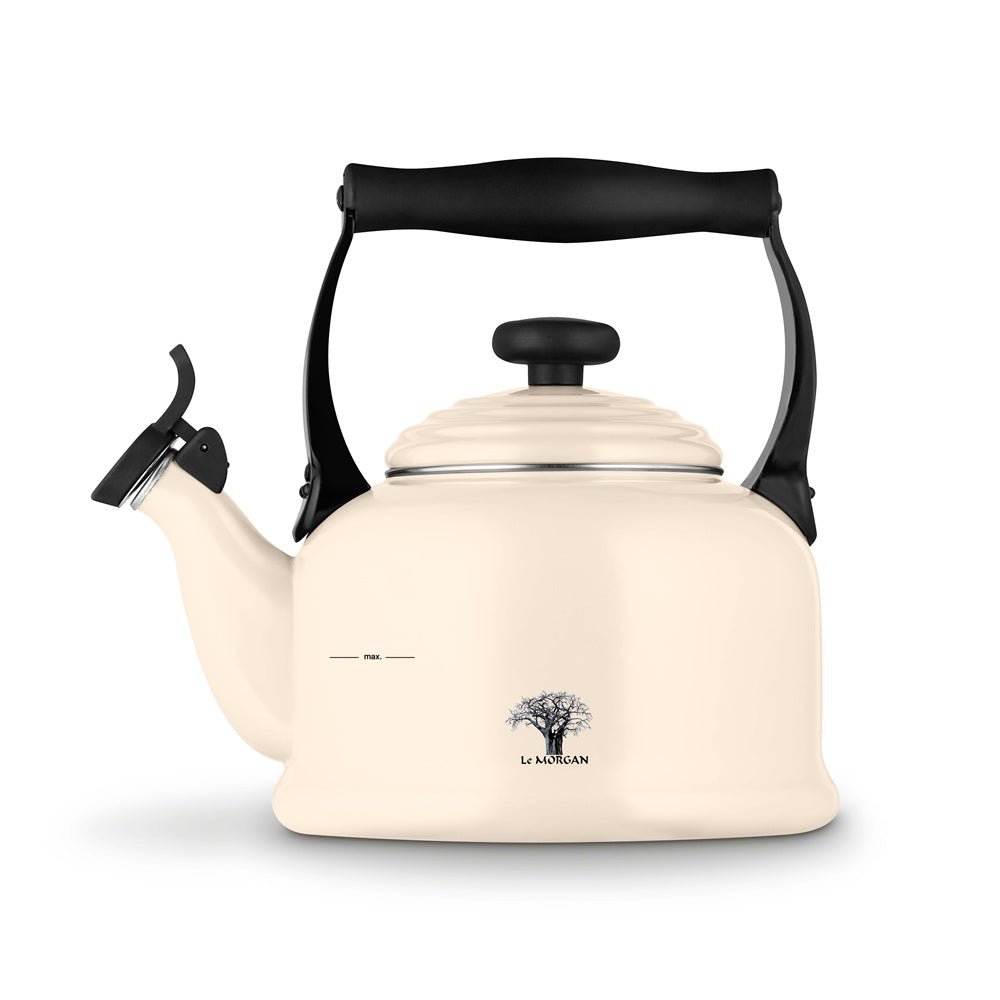 An off-white enamel kettle with a black handle and spout lid, featuring the 'Le Moulain' brand logo on the front, set against a plain white background.