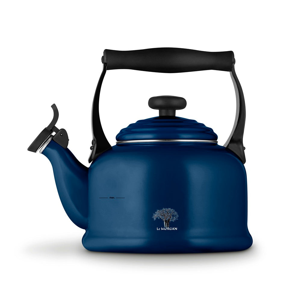 A dark blue enamel kettle with black handle and spout details, featuring a small tree logo and the brand name 'Le Morgan' on the front, set against a plain white background.