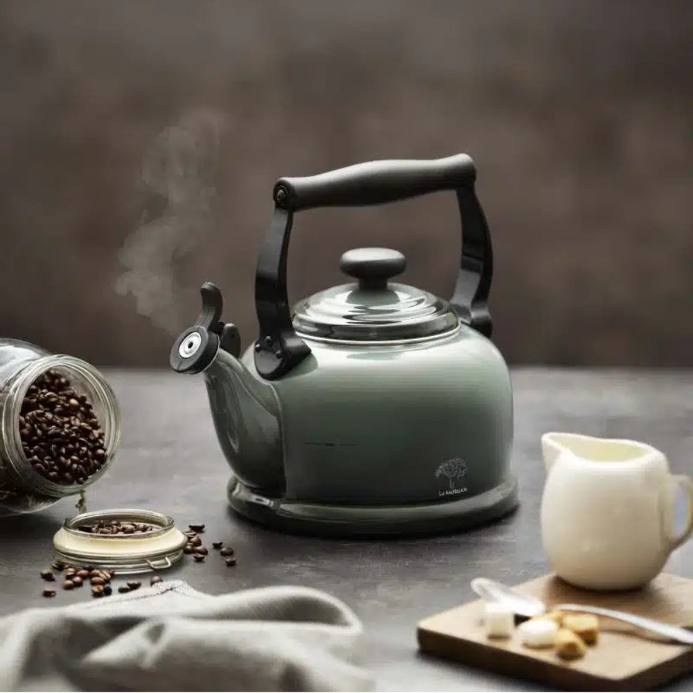 Dark grey kettle on a dark surface with coffee beans and a milk jug in the background.