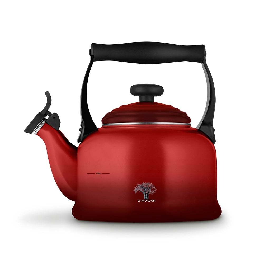 A red metal kettle with a black handle and spout lever, shown on a clean white background. The brand name 'Le Morgan' is visible in white text near the bottom right of the kettle.