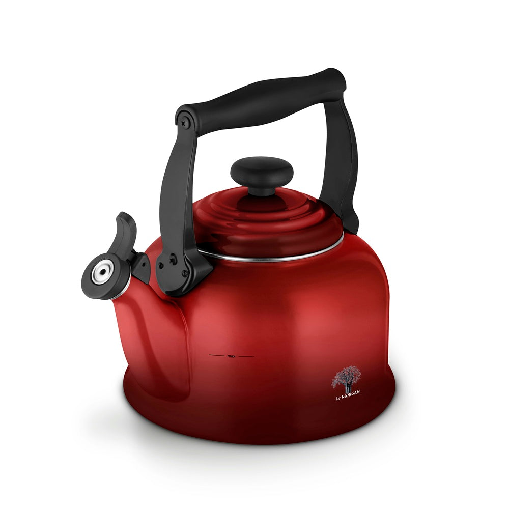 A red metal kettle with a black handle and spout lever, shown on a clean white background. The brand name 'Le Morgan' is visible in white text near the bottom right of the kettle.