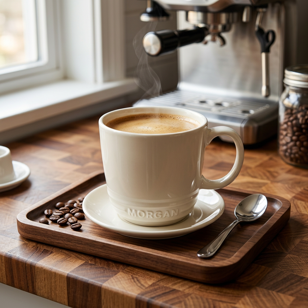 White coffee mug with steaming coffee on a wooden tray, next to an espresso machine and jar of coffee beans.