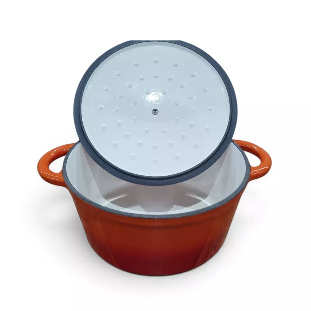 An orange enameled cast iron pot with a matching lid, shown on a clean white background. The pot features a vibrant orange exterior, a dark gray rim, and a white interior.