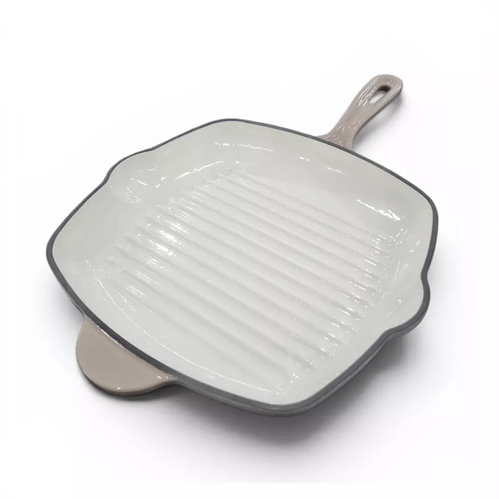 Square enamel cast iron grill pan with handle on a white background