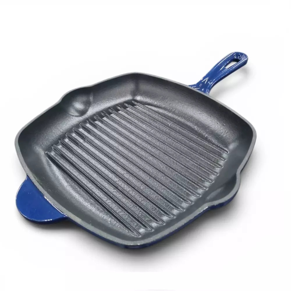Blue cast iron grill pan on a white background