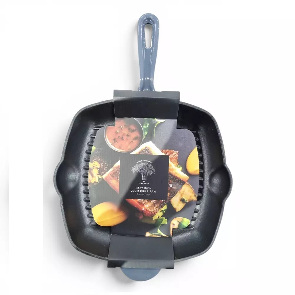 Grey cast iron square grill pan with handle on a white background