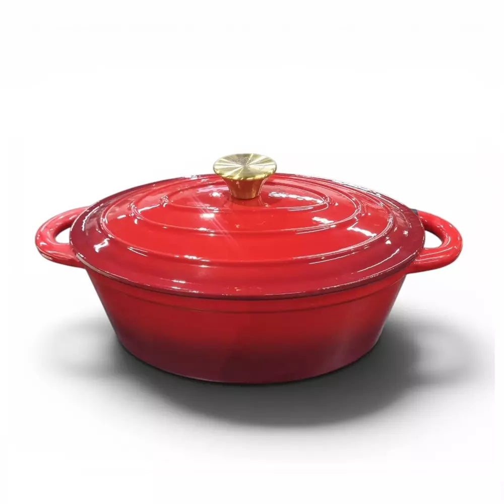 Red cast iron cookware with a gold knob on a white background