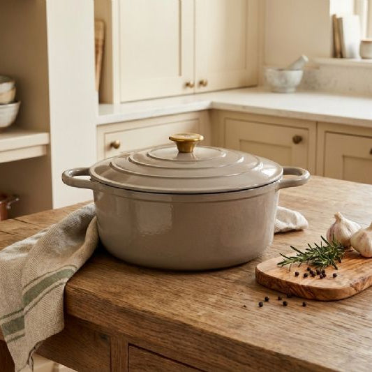 Beige enameled cast iron cookware on a wooden kitchen counter with a neutral color scheme.