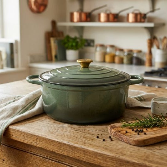 Green cast iron cookware on a wooden kitchen counter with copper pots in the background.
