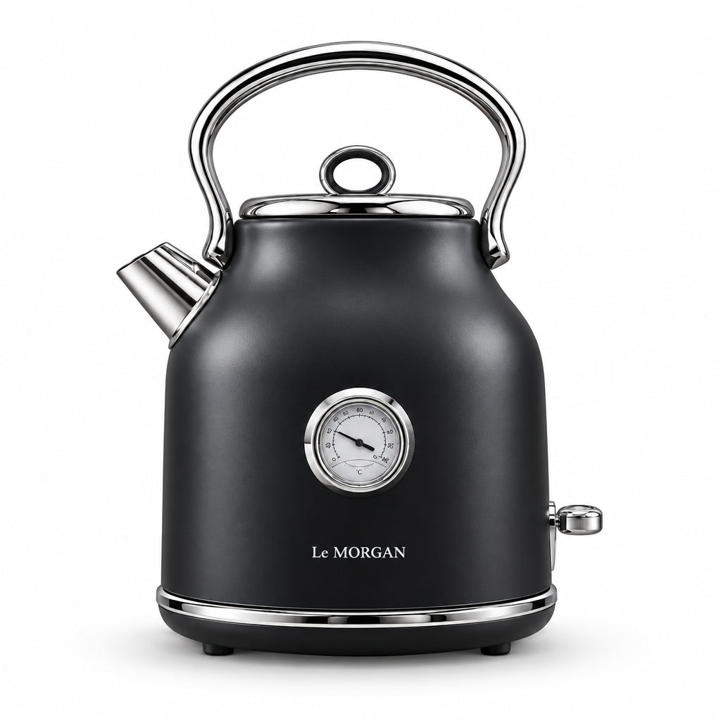 Le Morgan stainless steel black kettle on a white background