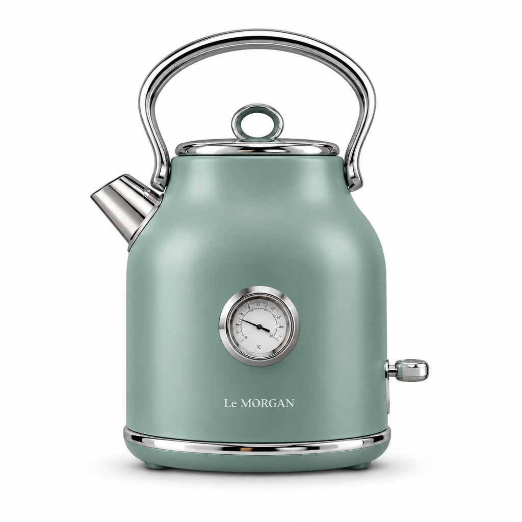 Le Morgan stainless steel green kettle on a white background