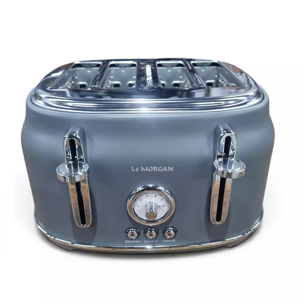 A Le Morgan matte gray four-slot toaster with polished chrome accents, including a chrome top surface, side handles, and front trim. The brand name 'Le MORGAN' is printed in silver lettering on the front, above a round analog dial.