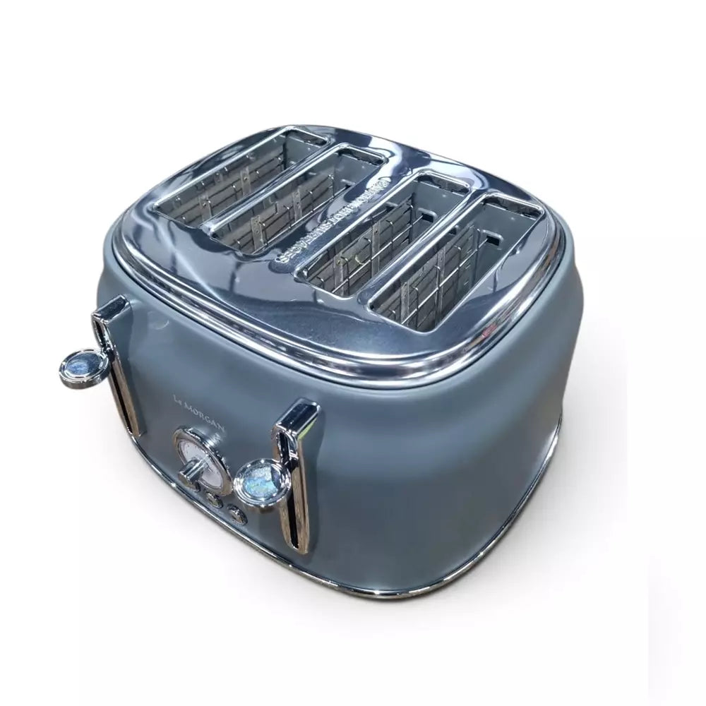 A Le Morgan retro-style two-slot toaster with a glossy slate blue-gray body and polished chrome accents, shown on a clean white background.