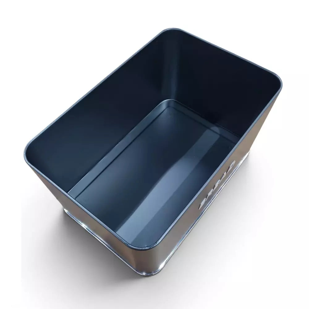 A Le Morgan Black bread bin and a silver metallic exterior, shown from an elevated angle on a white background.