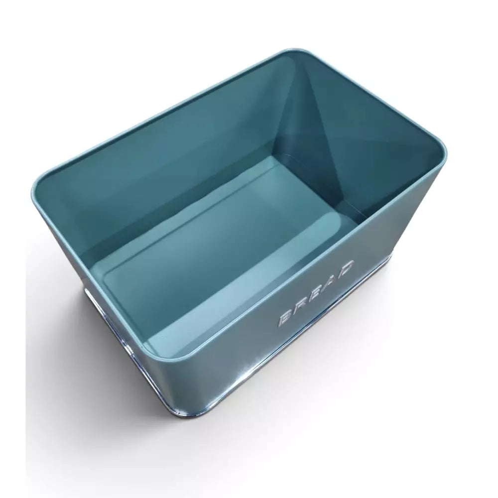 A Le Morgan Green Bread Box with rounded corners, shown from an elevated perspective on a clean white background. The container has a muted teal-blue color with a small white logo printed on the side.