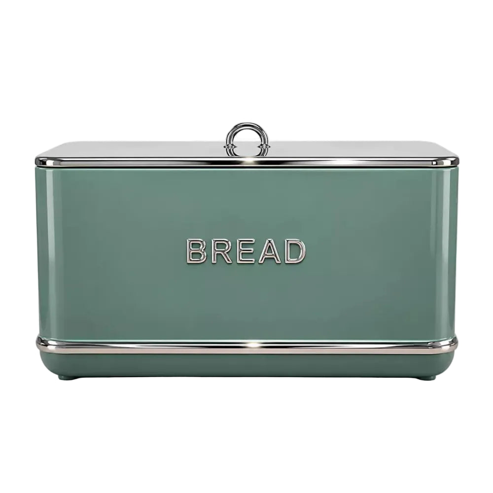 Le Morgan stainless steel green bread bin on a white background
