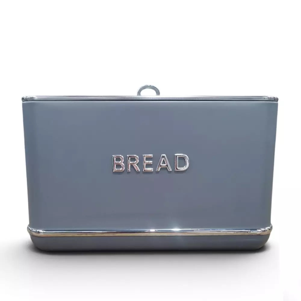 A Le Morgan Grey bread bin with a glossy finish, featuring the word 'BREAD' in raised silver letters on the front and a small hanging loop at the top, shown on a white background.