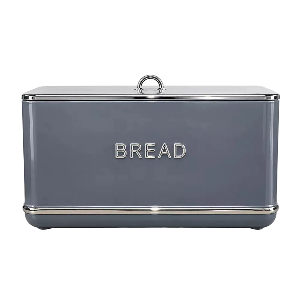 Le Morgan stainless steel grey bread bin on a white background