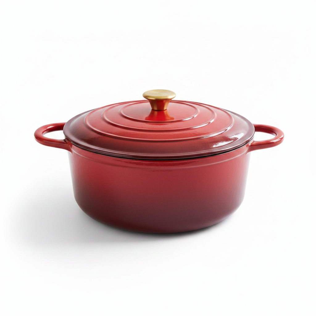Red enameled cast iron Dutch oven with a lid on a white background