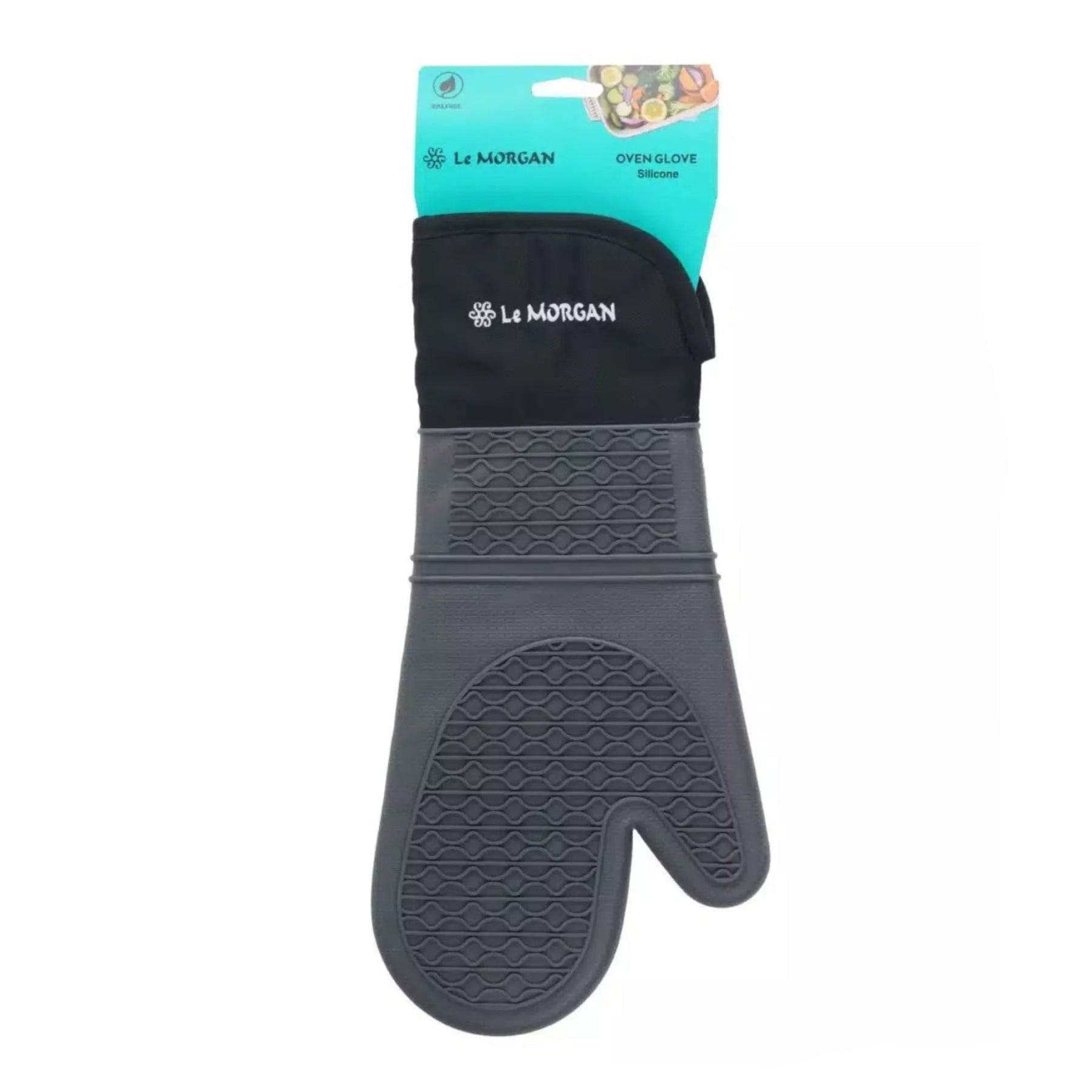 Silicone oven glove with product tag on a white background