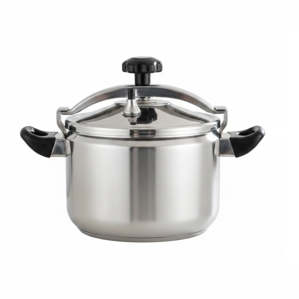Stainless steel pressure cooker on white background