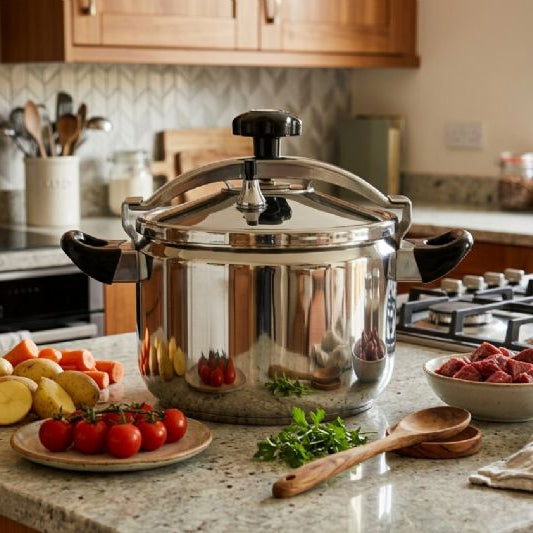 Stainless steel pressure cooker on a kitchen counter with vegetables and ingredients