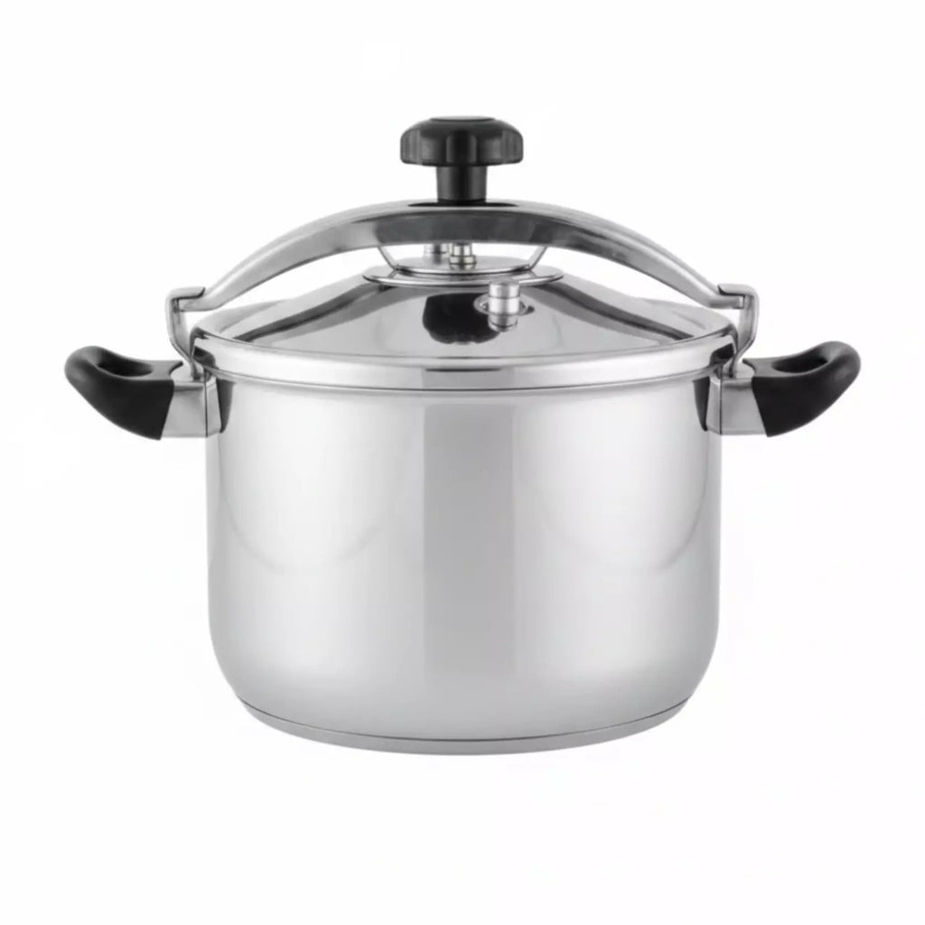 Stainless Steel pressure cooker with side handles on a white background