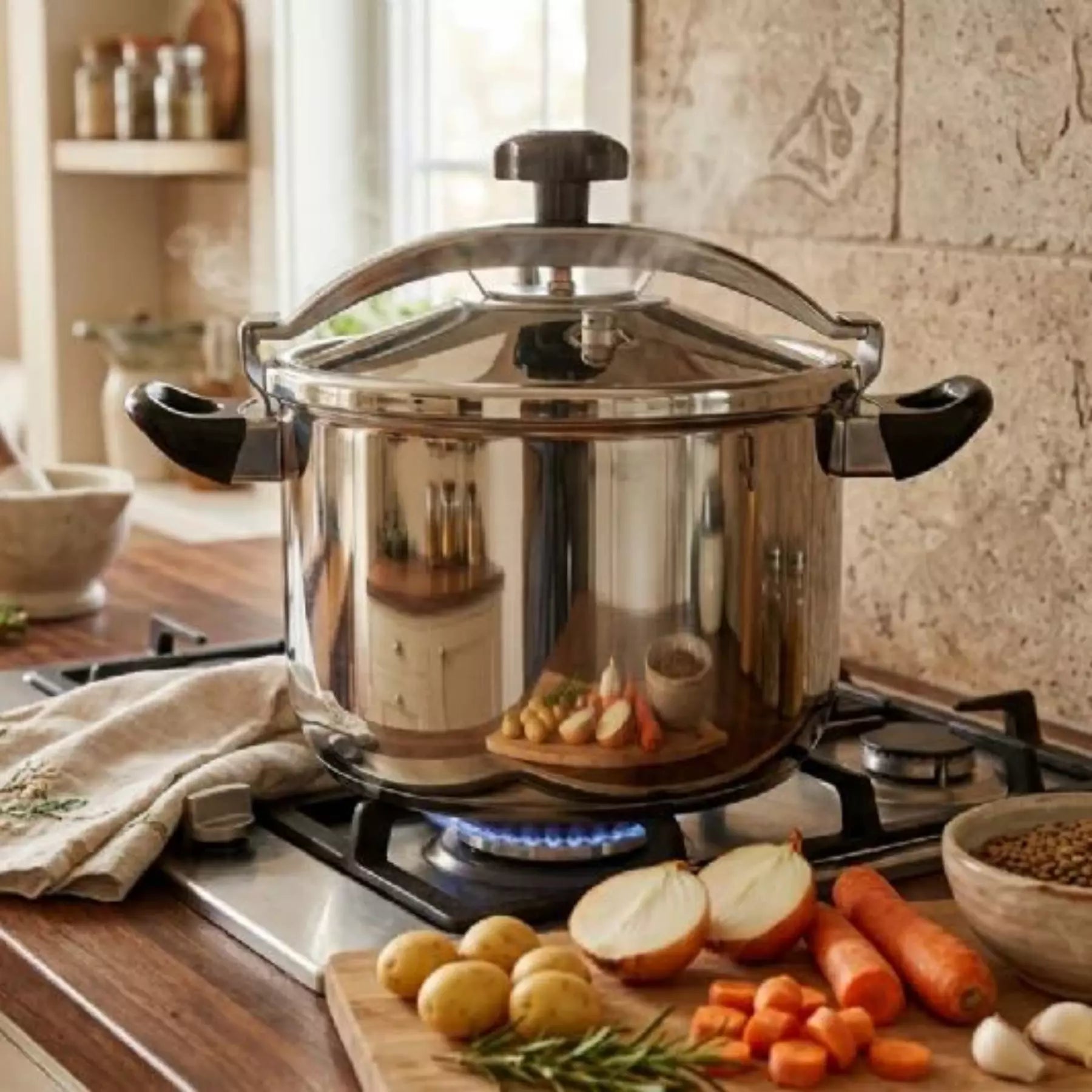 Stainless Steel pressure cooker with side handles on a gas stove in a kitchen