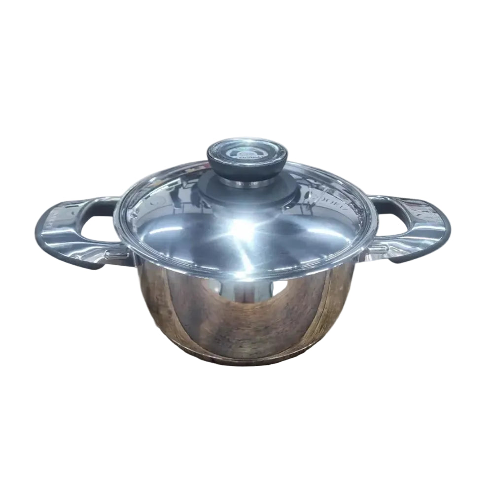 Stainless steel pot with a clear glass lid on a white background