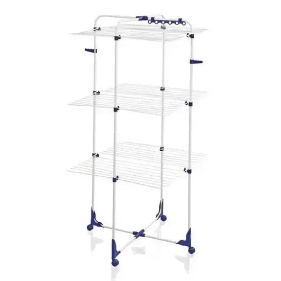Clothing rack with multiple shelves on a white background