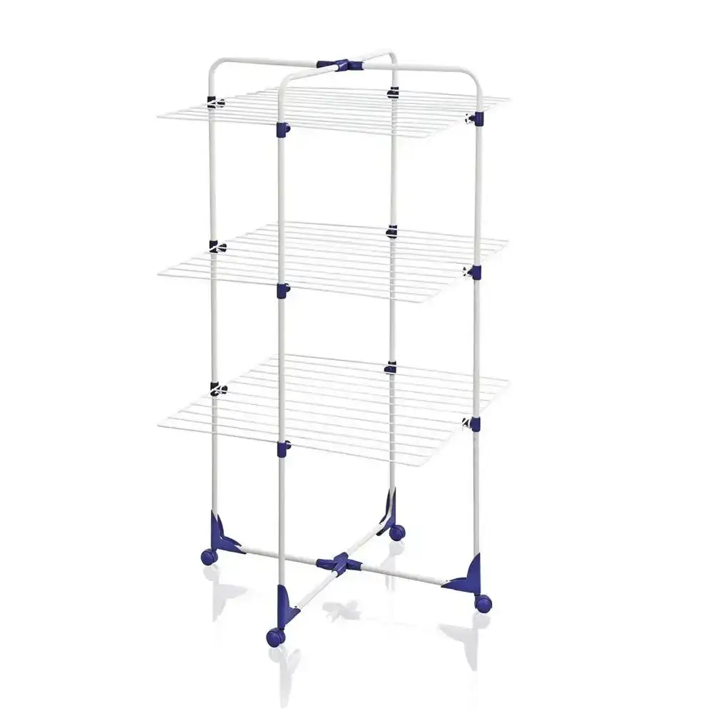 Clothes drying rack with multiple shelves on a white background