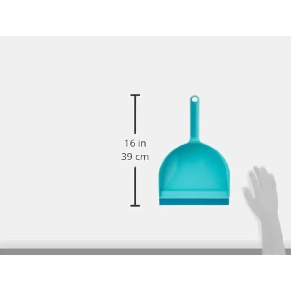 Teal dustpan with measurement label on a white background