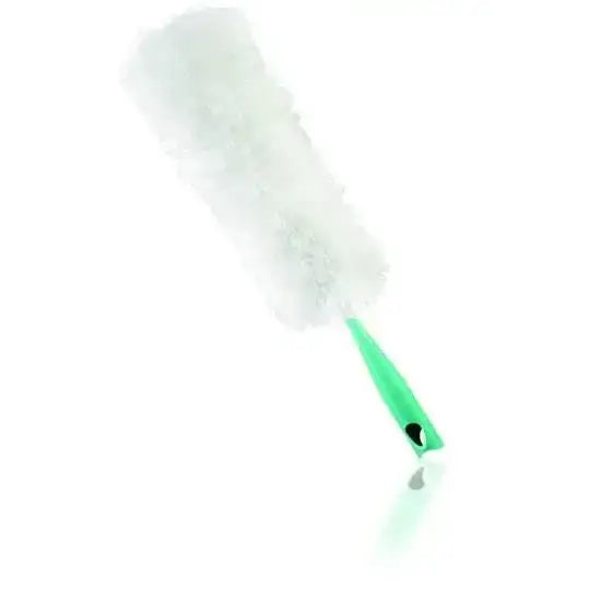 White feather duster with a green handle on a white background