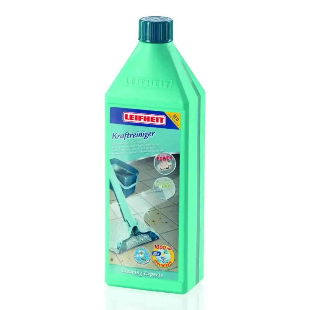 Green bottle of Leifheit cleaning solution on a white background