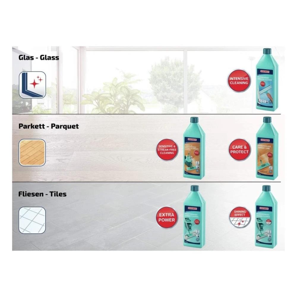 Display of cleaning products for glass, parquet, parkett, tiles, and fliesen with labels on a white background.