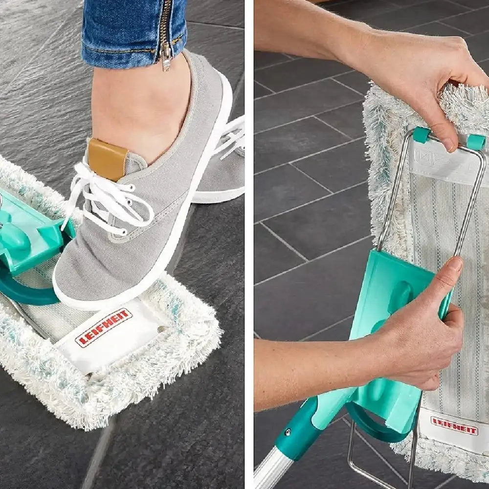 Cleaning tool with scrubber on a shoe and being held by a person on a tiled floor.