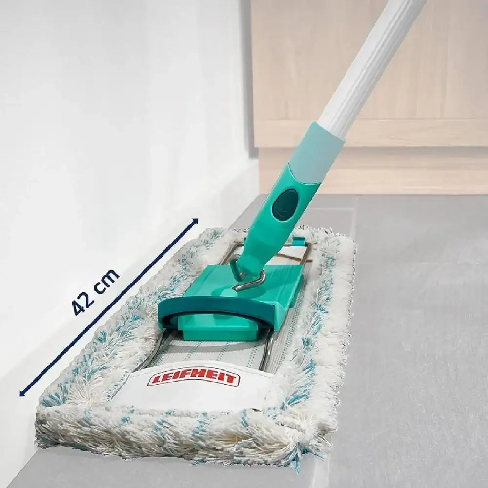 Leifheit microfiber mop with measurement label on a white background