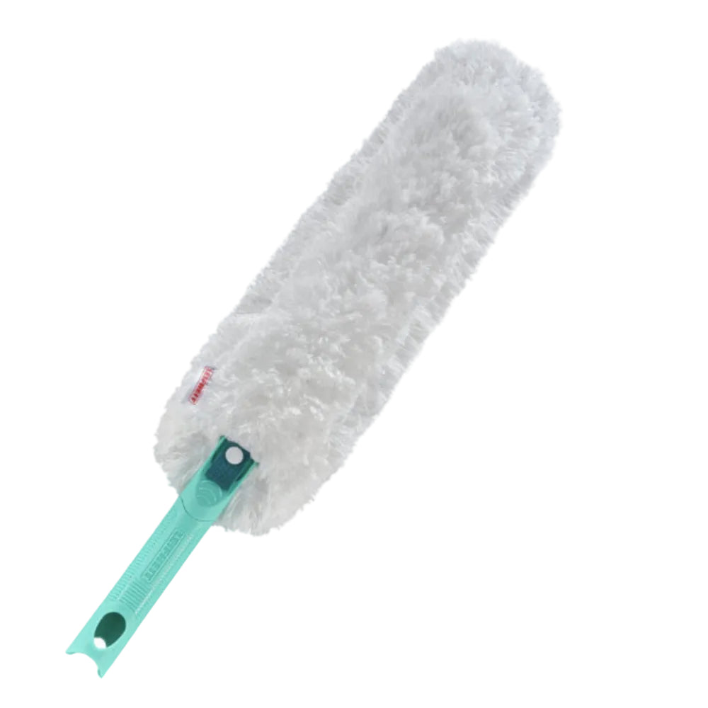 White duster with a light blue handle on a white background