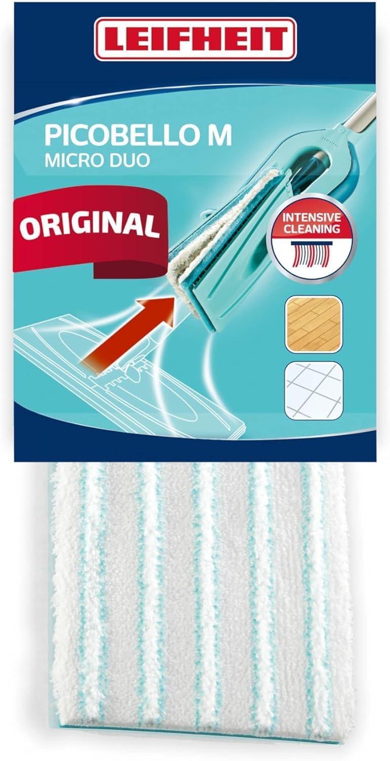 Leifheit Picobello M Micro Duo cleaning cloth packaging with text and images on a blue background