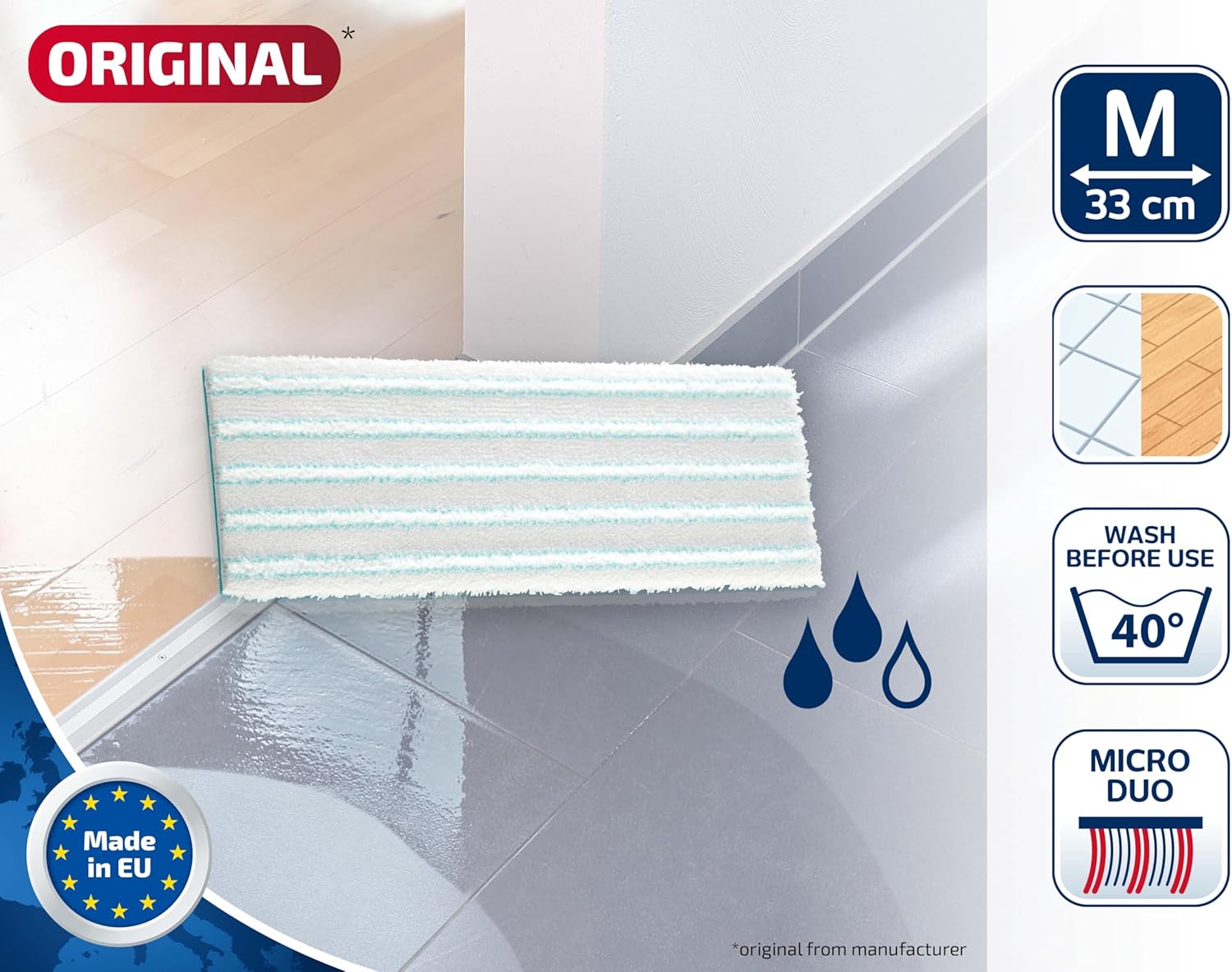 Cleaning mop with text and icons on a white background