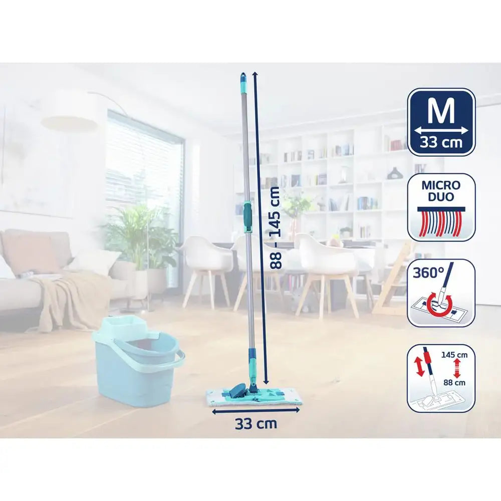Mop and bucket set with cleaning features displayed on a blurred room background