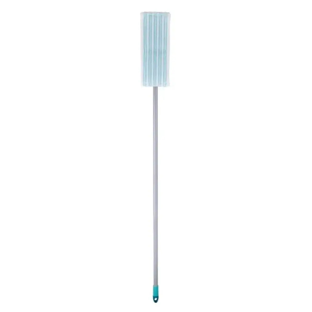 Cleaning tool with a long handle and blue bristle head on a white background