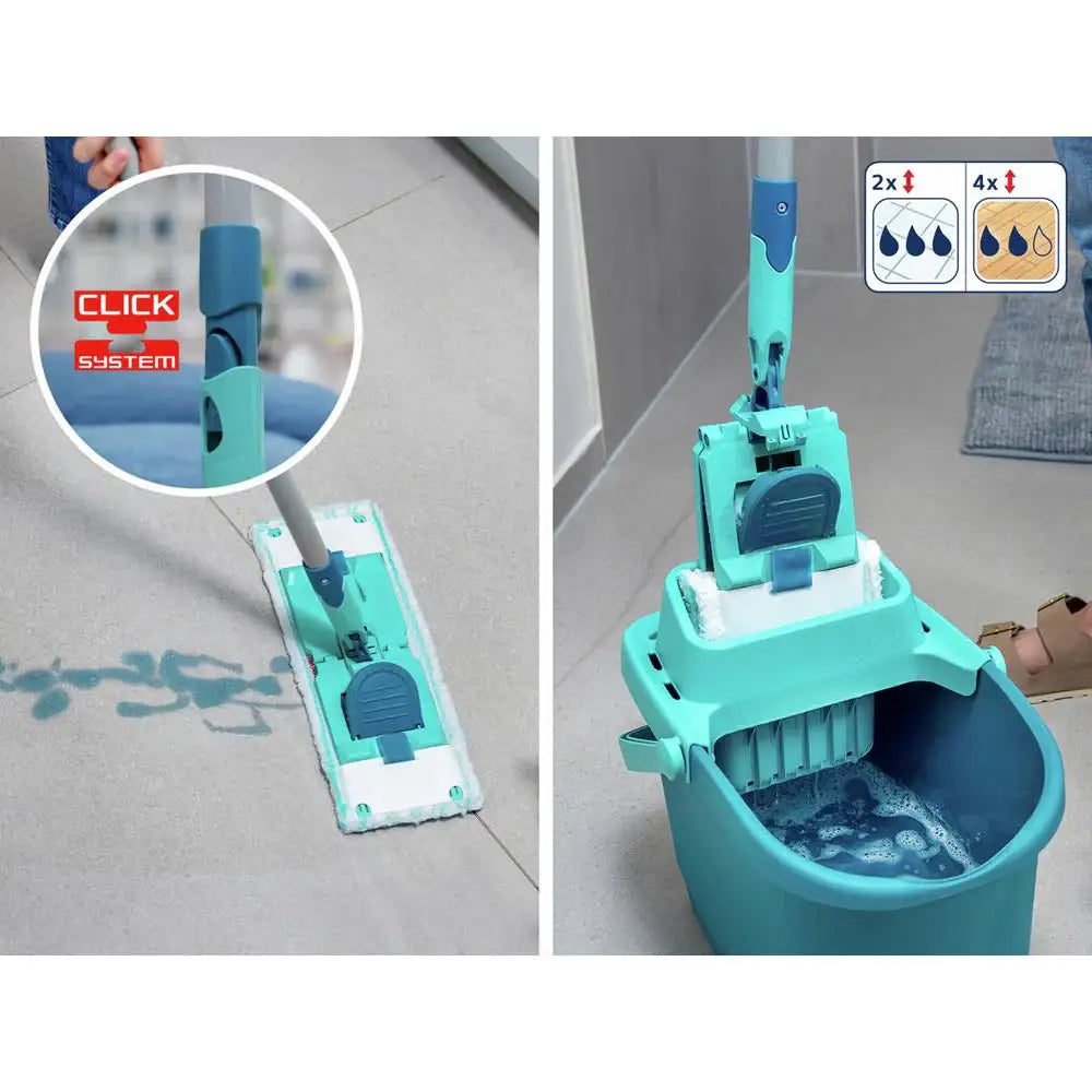 Teal mop with cleaning head and bucket system on a tiled floor.