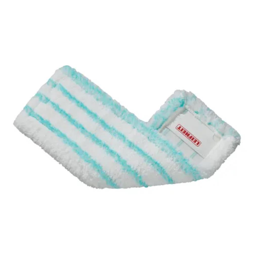 White and turquoise striped towel with a brand logo on a white background