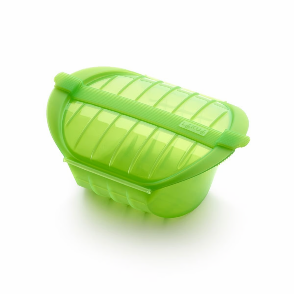 Green microwave steam cooker on a white background 