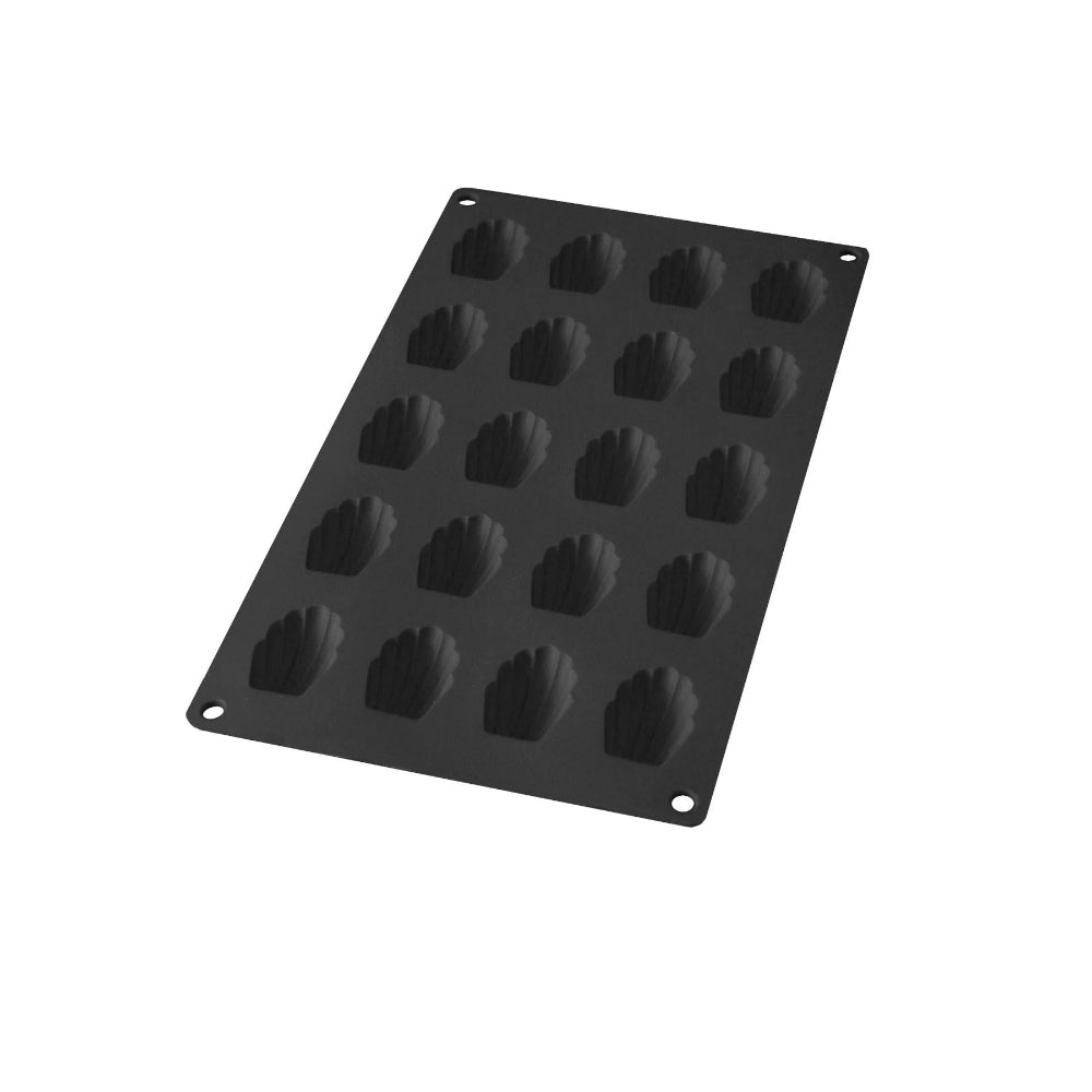 Black silicone madeleine mould with a white background