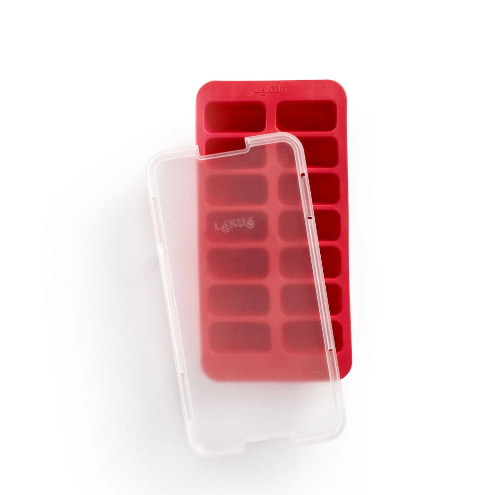 Red ice cube tray with a white background