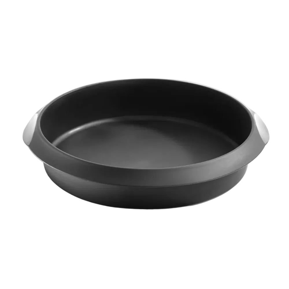 Black round cake pan on a white background