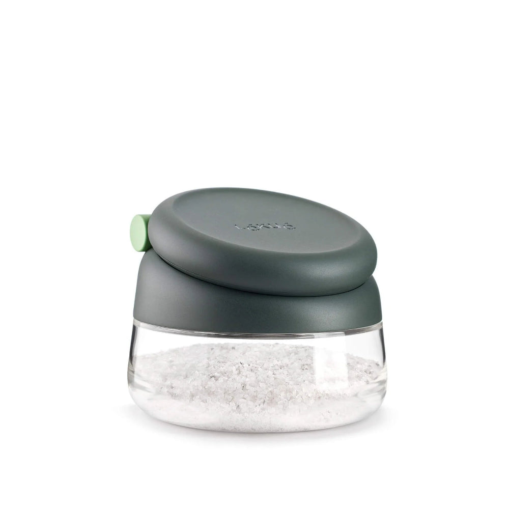 Clear container with a grey lid on a white background